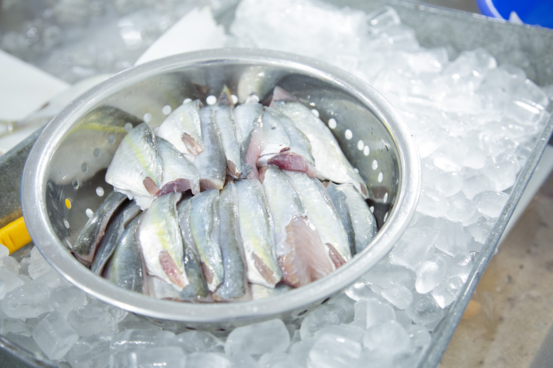 Prepared seafood kept chilled on ice
